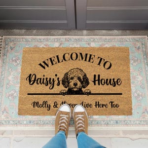 Könnte beinhalten: Rechteckige Fußmatte aus Naturfasern mit dem Text "WELCOME TO Daisy's House" und einer Hundeillustration. Darunter steht "Molly & Rover Live Here Too". Die Matte liegt auf einem gemusterten Teppich.