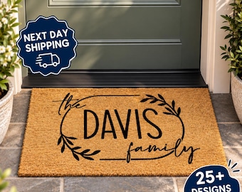 Personalized Floral Family Name Doormat, Custom Wreath Welcome Mat