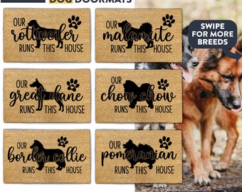 Our Dog Breed Runs This House - Personalized Dog Breed Gift Welcome Mat - Doormat - Custom Dog Breed Gift - Custom Dog Welcome Door Mat