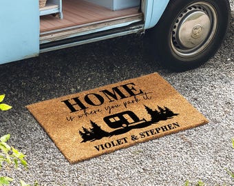 Personalised Home Is Where You Park It Camper Motorhome Coir Doormat - Personalized Camper Accessories - Custom Camping Rug - Camper Gift