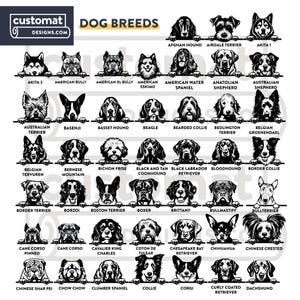 K&ouml;nnte beinhalten: Schwarz-wei&szlig;e Grafik mit verschiedenen Hunderassen, darunter Beagle, Boxer und Collie. Der Text "DOG BREEDS" ist oben zu sehen. Das Bild stammt von customatdesigns.com.
