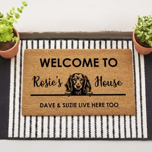 K&ouml;nnte beinhalten: Eine rechteckige Fu&szlig;matte mit dem Text "WELCOME TO Rosie's House" und einer Dackel-Illustration. Die Matte liegt auf einem schwarz-wei&szlig; gestreiften Teppich, mit Topfpflanzen auf beiden Seiten. Der Text "DAVE & SUZIE LIVE HERE TOO" ist ebenfalls enthalten.