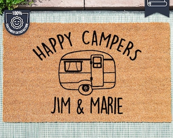 Personalized Happy Campers Doormat - Custom Coir Welcome Mat With Camping Names - House Name Sign - Home Decor