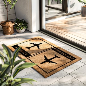 Doormat Gift For People Who Love To Travel - Arrivals And Departures Plane Welcome Rug - Funny Pilot Air Stewardess Mat - Housewarming Gift image 1