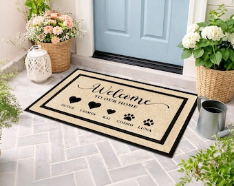 Alfombra personalizada con nombre familiar, felpudo resistente para exteriores.