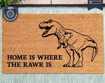Dinosaur T-Rex Home is Where The Rawr Is Doormat - Funny Doormat - Welcome Mat - Custom Doormat - Door Mat - Housewarming Gift