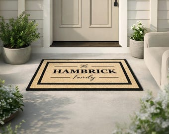 Felpudo de entrada personalizado con nombre familiar, alfombra resistente a la intemperie.