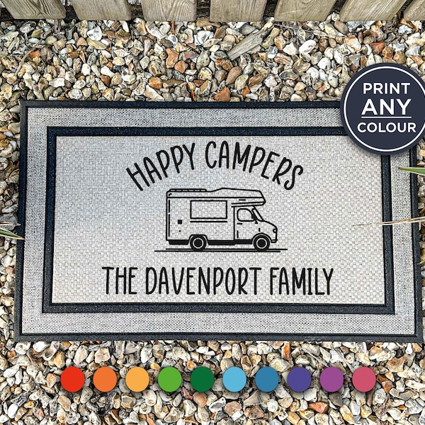 Custom Happy Campers Weatherproof Doormat - Perfect Doormat For Travellers - Personalized Camping Doormat That Survives All Weathers