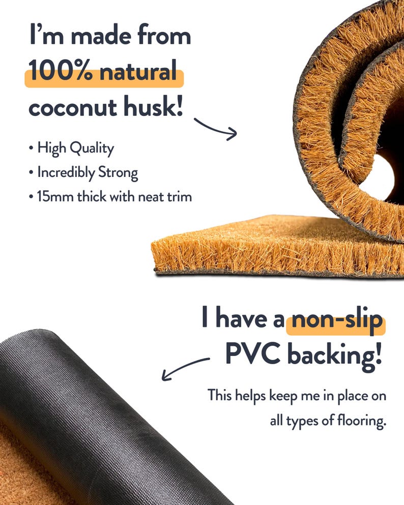 Puede incluir: Una felpudo enrollado hecho de fibra de coco natural, con un respaldo de PVC antideslizante. La alfombra tiene 15 mm de grosor y un borde limpio. El texto dice que es de alta calidad e incre&iacute;blemente resistente.