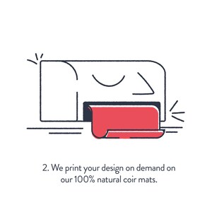 May include: Illustration of a printer printing a red design onto a coir mat. The text below reads: "We print your design on demand on our 100% natural coir mats."