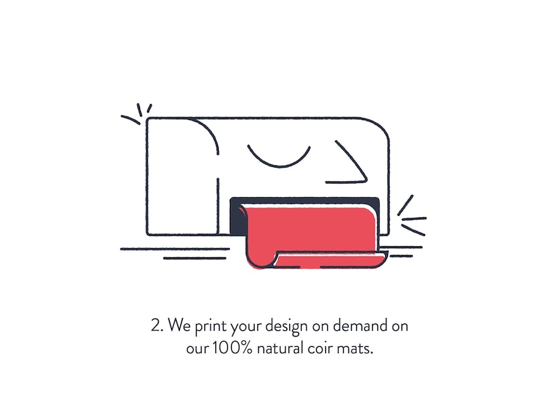May include: Illustration of a printer printing a red design onto a coir mat. The text below reads: "We print your design on demand on our 100% natural coir mats."