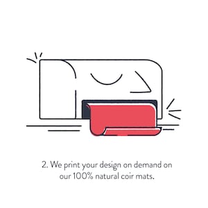 May include: Illustration of a printer printing a red design onto a coir mat. The text below reads "We print your design on demand on our 100% natural coir mats."