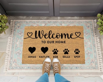 Welcome to Our Home Doormat - Home of Happy Feet & Paws - Custom Welcome Mat - Custom Entryway Rug -  Perfect Housewarming Gift