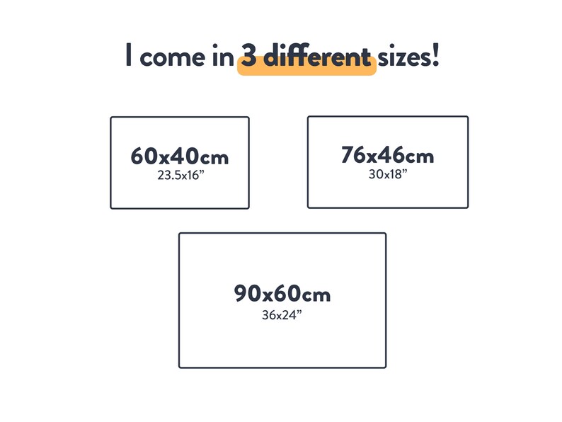 May include: Three different sizes of a rectangular canvas print are shown. The sizes are 60x40cm (23.5x16 inches), 76x46cm (30x18 inches), and 90x60cm (36x24 inches).