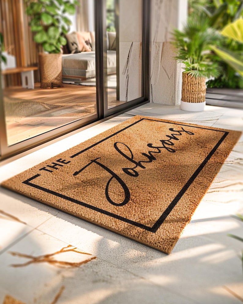 Puede incluir: Una alfombra rectangular hecha de fibras naturales. La alfombra tiene un borde negro y el apellido "The Johnsons" en una fuente elegante. La alfombra est&aacute; colocada sobre una superficie embaldosada cerca de una puerta de cristal.