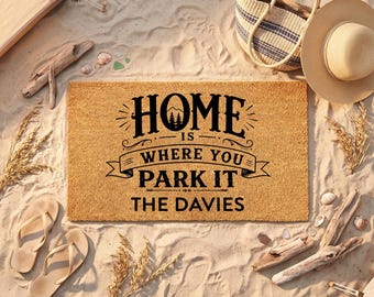 Felpudo de camping – Personalizado con el apellido de la familia Happy Campers