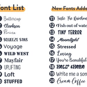 Puede incluir: Una lista de fuentes, con las primeras 10 fuentes etiquetadas como "Font List" y las siguientes 10 fuentes etiquetadas como "New Fonts Added!" Las fuentes est&aacute;n numeradas del 1 al 20.