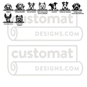 K&ouml;nnte beinhalten: Schwarz-Wei&szlig;-Strichzeichnungen verschiedener Hunderassen, darunter Vizsla, Weimaraner, Welsh Terrier, West Highland White Terrier, Whippet, Wirefox Terrier, Wirehaired Pointing Griffon, Xoloitzcuintli und Yorkshire Terrier. Die W&ouml;rter "customat" und "designs.com" sind ebenfalls zu sehen.