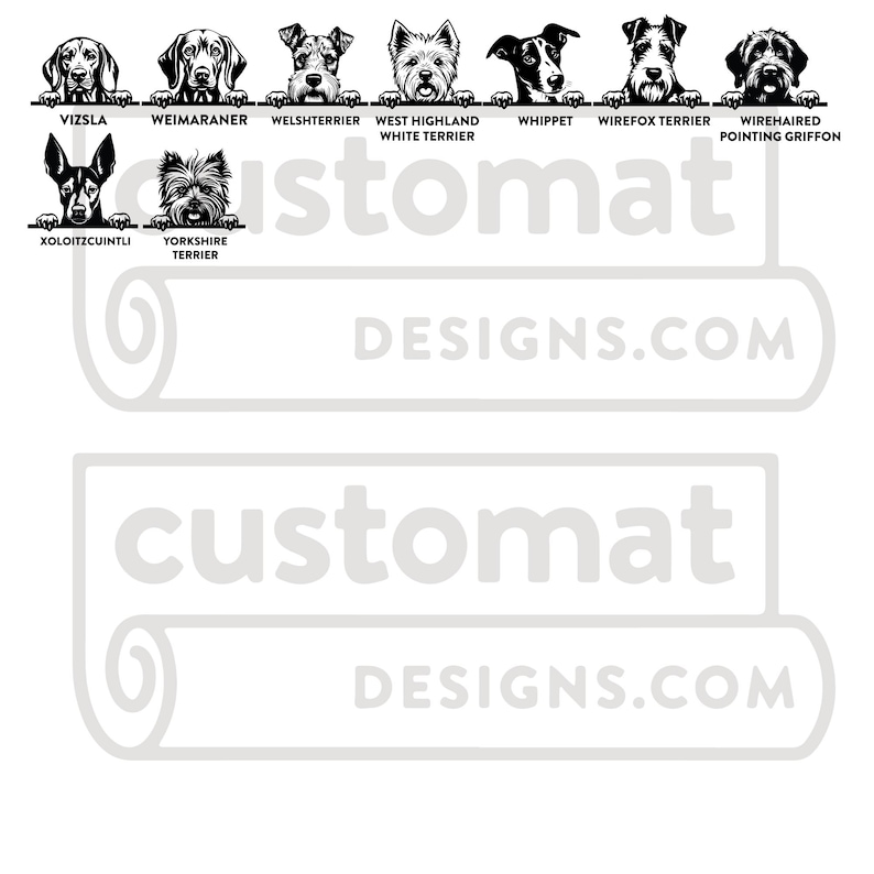 K&ouml;nnte beinhalten: Schwarz-Wei&szlig;-Strichzeichnungen verschiedener Hunderassen, darunter Vizsla, Weimaraner, Welsh Terrier, West Highland White Terrier, Whippet, Wirefox Terrier, Wirehaired Pointing Griffon, Xoloitzcuintli und Yorkshire Terrier. Die W&ouml;rter "customat" und "designs.com" sind ebenfalls zu sehen.