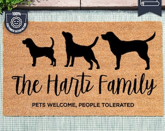 Customizable Family Name - Pet Dog and Cat Breeds - Pets Welcome, People Tolerated - Personalized Custom Coconut Coir Doormat