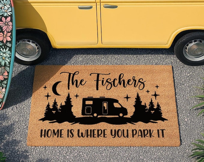 Home Is Where You Park It - Choose Your Own Camper Van Doormat - Personalized Outdoor Doormat - Camping Gifts - Door Mat Family Name