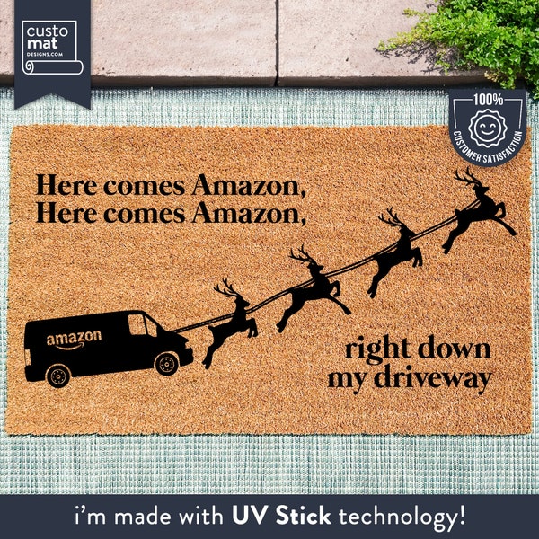 Here Comes Amazon - Funny Christmas Decorations - Funny Doormat - Christmas Door Mat - Holiday Decor - Christmas Porch Decor