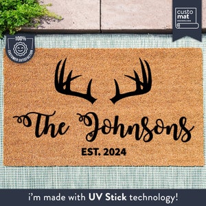 Personalized Antlers With Family Name and Est. Date - Country Doormat - Custom Coir Door Mat