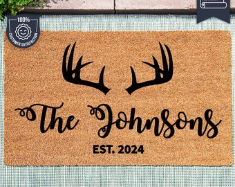 Personalized Antlers With Family Name and Est. Date - Country Doormat - Custom Coir Door Mat
