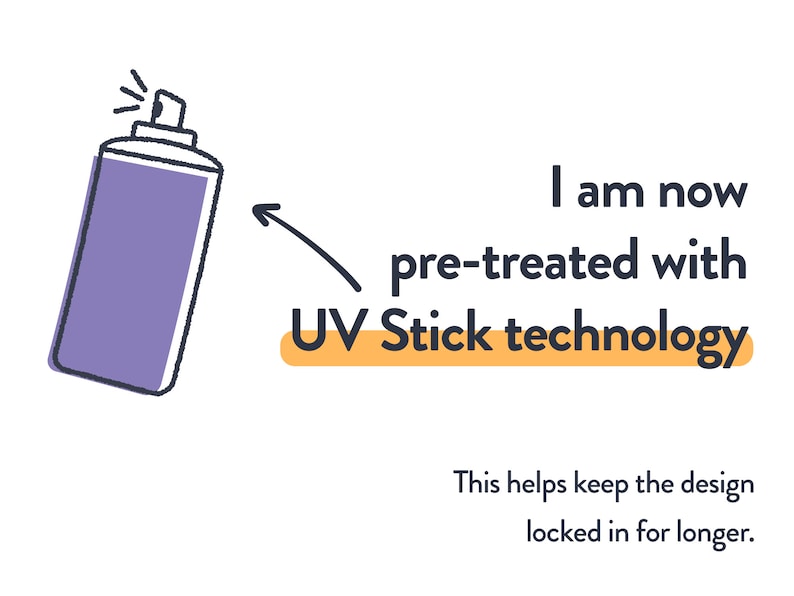 May include: A purple spray bottle with a white cap and a yellow banner that reads "I am now pre-treated with UV Stick technology". This helps keep the design locked in for longer.