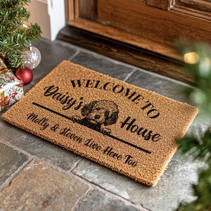 May include: A rectangular doormat with the text "WELCOME TO Daisy's House" and "Molly & Steven Live Here Too". The mat features a graphic of a dog's face. The mat is brown and sits on a stone surface, with Christmas decorations in the background.