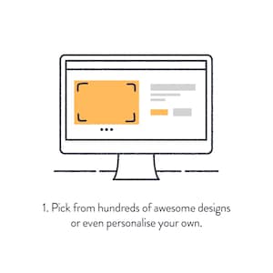 May include: A computer screen with a design template on the screen. The template is a rectangle with a yellow background and a white border. The template is surrounded by a dotted line. The text on the screen says "Pick from hundreds of awesome designs or even personalize your own."