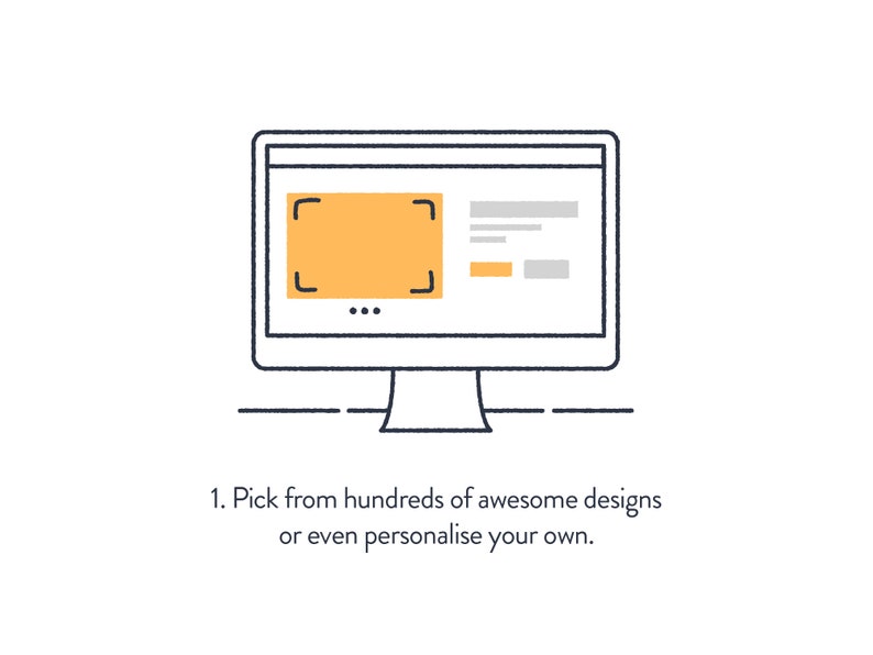 May include: A computer screen with a design template on the screen. The template is a rectangle with a yellow background and a white border. The template is surrounded by a dotted line. The text on the screen says "Pick from hundreds of awesome designs or even personalize your own."