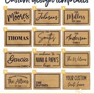 Puede incluir: Una selecci&oacute;n de plantillas de dise&ntilde;o personalizadas para felpudos. Las plantillas presentan felpudos rectangulares con varios nombres de familias y frases en texto negro. El texto superior dice "Custom design templates". El texto inferior dice "Select your template or create your own design".