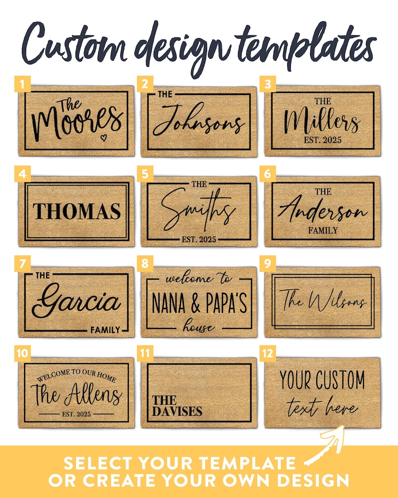 Puede incluir: Una selecci&oacute;n de plantillas de dise&ntilde;o personalizadas para felpudos. Las plantillas presentan felpudos rectangulares con varios nombres de familias y frases en texto negro. El texto superior dice "Custom design templates". El texto inferior dice "Select your template or create your own design".