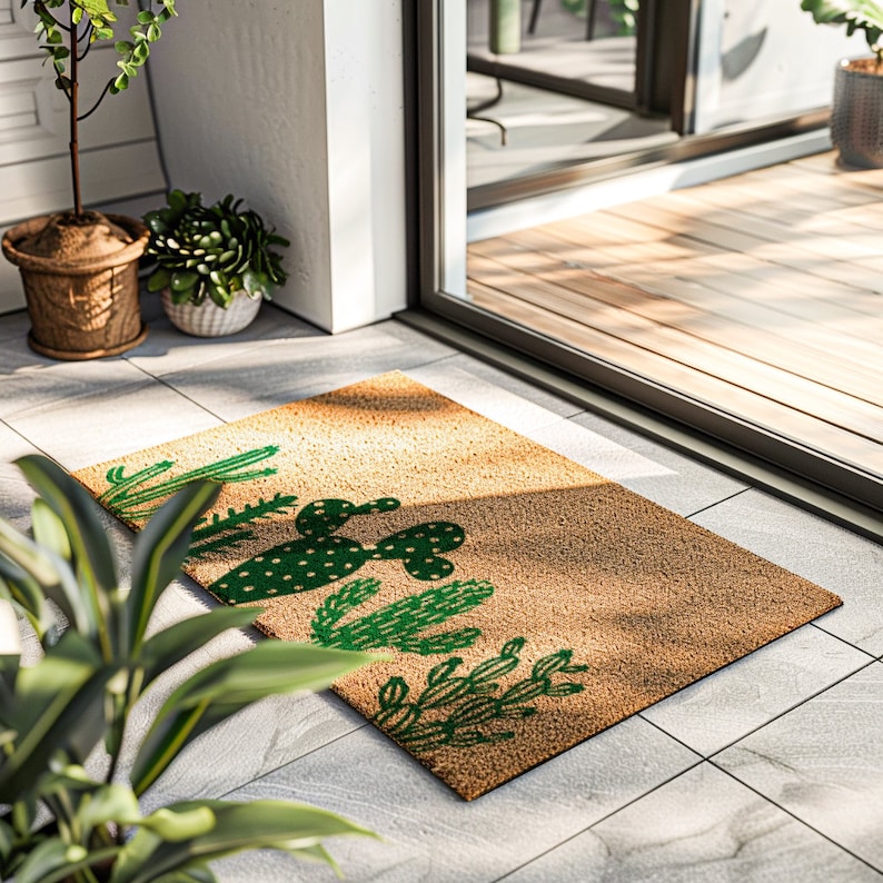 May include: A brown coir doormat with a green cactus design. The doormat is placed on a tiled floor in front of a glass door.