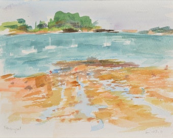 artistic watercolour, Brittany seaside landscape ,Paimpol