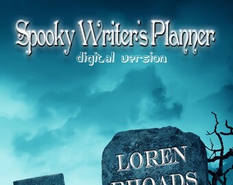 May include: A spooky writer's planner digital version cover image with a dark blue sky and two tombstones. The tombstones are gray and have white lettering. The tombstone on the left says "EMZ RICH" and the tombstone on the right says "LOREN RHOADS".