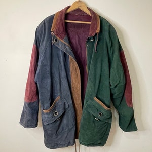Veste en cuir surdimensionnée multicolore vintage, style années 90, manteau en cuir véritable amusant et funky