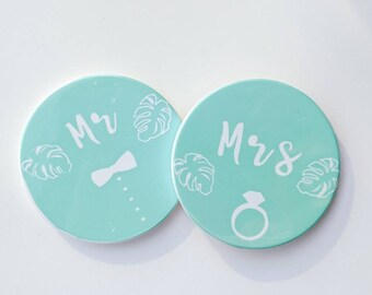 Mr & Mrs Ceramic Coaster Set | Tropical Design| Wedding Gift| Gifts for Couples| Engagement Gift