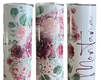 Personalized 20oz or 30oz Floral Tumbler | Skinny Tumbler | Burgundy Floral Tumbler | Bridesmaid Tumblers