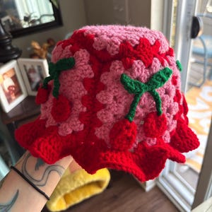 Crochet cherry bucket hat