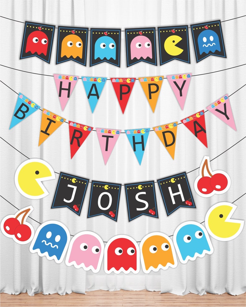 Pacman printable birthday decoration.Pacman bithday banner. - Etsy España