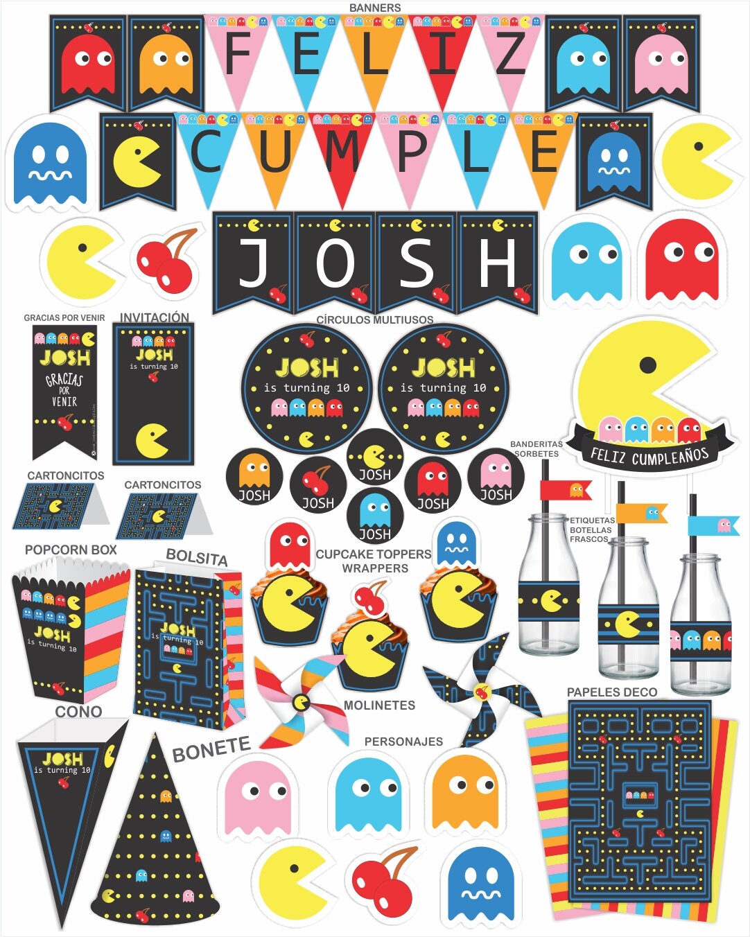 Pacman printable birthday decoration.Pacman bithday banner. - Etsy España