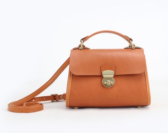 Women's Leather Saddle Bag, Small Purse Crossbody Handbag, Minimalist Handmade Messenger Shoulder Bag with unique lock button, Tan  / Black