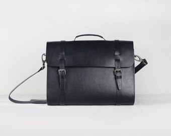 Classic Leather Briefcase Satchel Crossbody Bag, Minimalist iPad Tablet A4 Folio Office Work Bag for Men and Women  Blue / Black