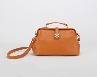 Classic Leather Doctors Crossbody Handbag, Minimalist Handmade Turn Button Leather Purse Everyday Top Handle bag for women Tan