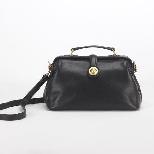 Black Leather Doctors Crossbody Handbag, Minimalist Handmade Turn Button Leather Purse Everyday Top Handle bag for women