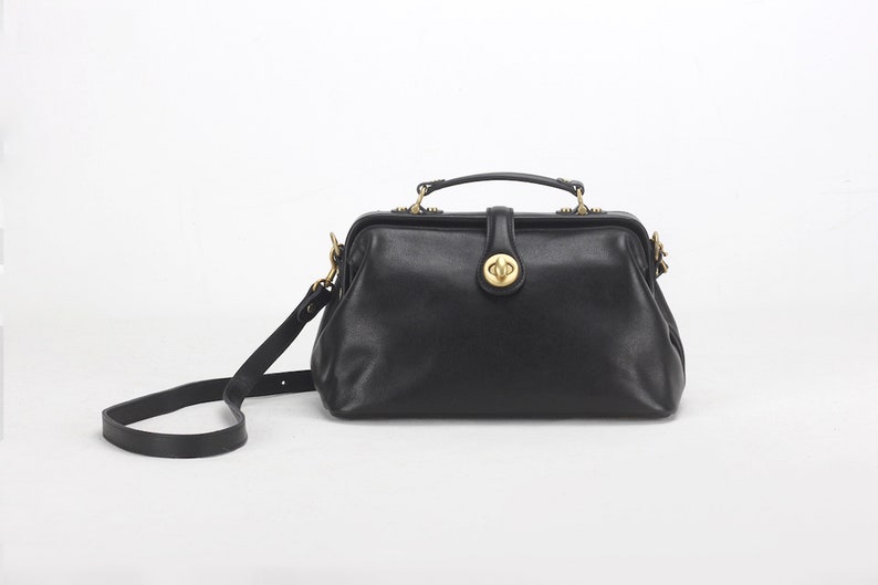 Black Leather Doctors Crossbody Handbag Minimalist Handmade Large