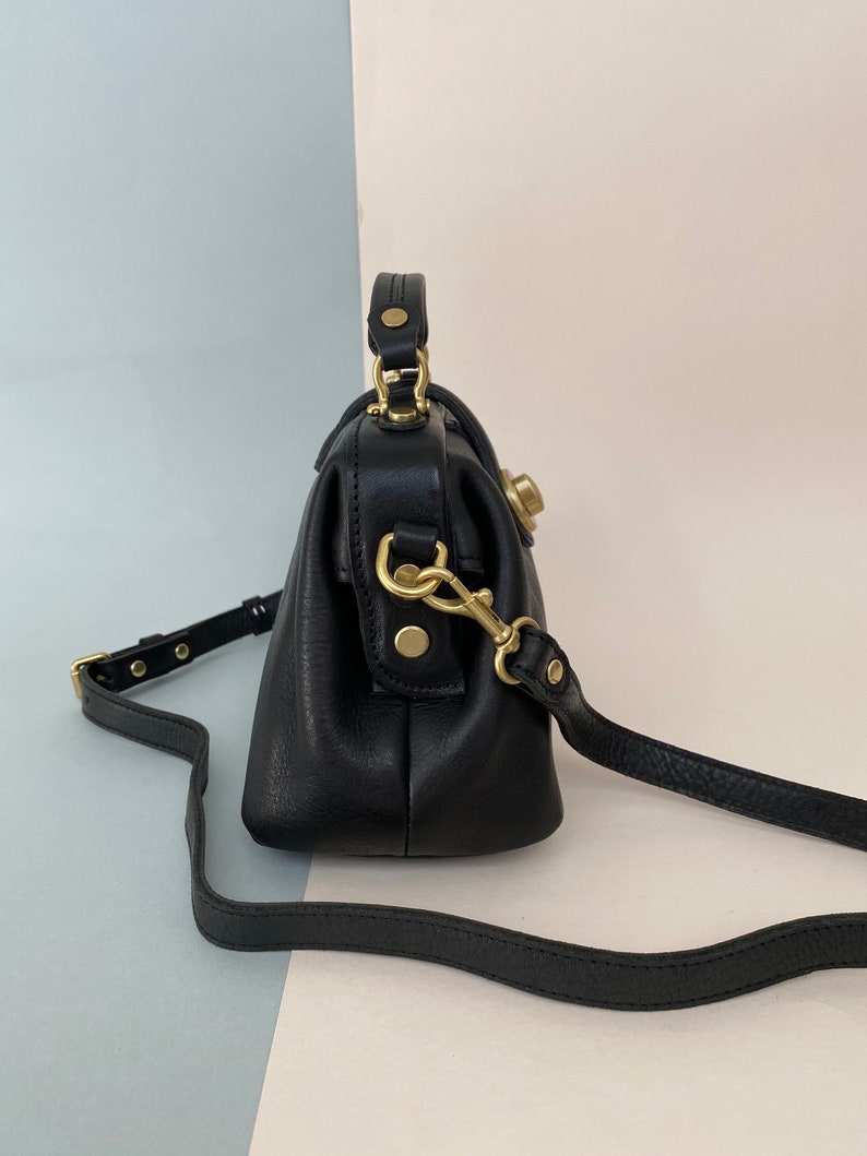 Black Leather Doctors Crossbody Handbag Minimalist Handmade image 9