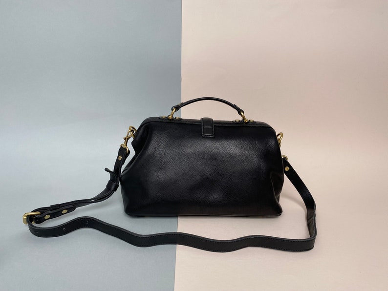 Black Leather Doctors Crossbody Handbag Minimalist Handmade image 7